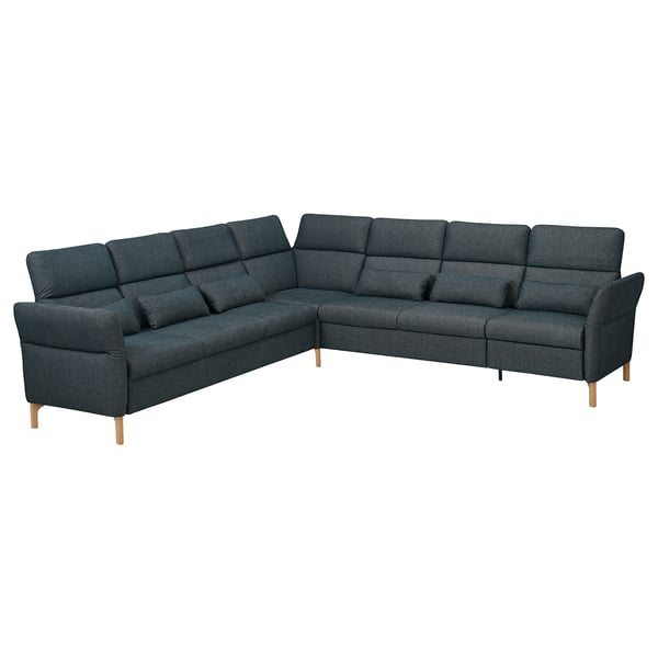 FAMMARP dunkelgraues L-förmiges Sofa, modernes Design mit verstellbaren Kopfstützen und Holzbeinen.
