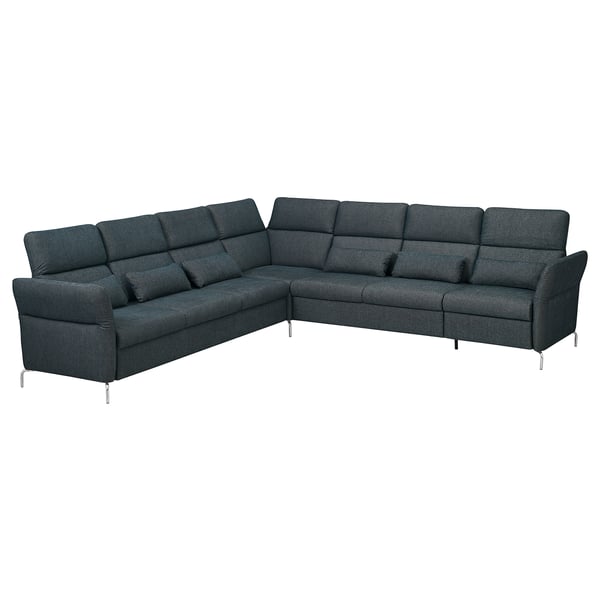 Dunkelgraues FAMMARP L-förmiges Sofa mit verstellbaren Kissen und Metallbeinen.