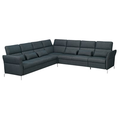 Dunkelgraues FAMMARP L-förmiges Sofa mit verstellbaren Kissen und Metallbeinen.