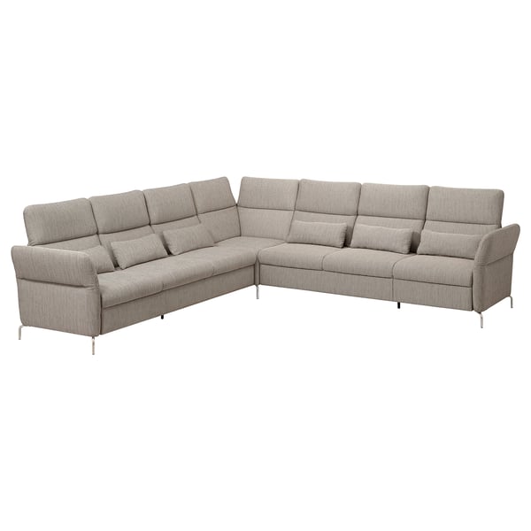 Modernes L-förmiges graues Sofa mit verstellbaren Kissen und Metallbeinen.