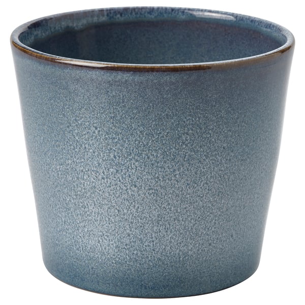 Pflanzgefäß aus blauer Keramik mit gesprenkeltem Finish und goldenem Rand. Abgerundete Form, ideal für Pflanzen.