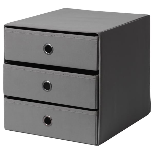 Grauer Organizer mit 3 Schubladen, faltbar, Stoff, Kastenform.