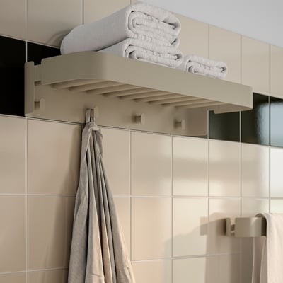 FLORSJÖN Wandregal mit 4 Haken, beige, 55x10 cm
