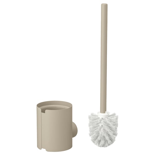 Beige FLORSJÖN WC-Bürstenhalter und Bürste. Zylindrischer Halter, langstielige Bürste mit weißen Borsten. Hergestellt aus Kunststoff und Metall für den Gebrauch im Badezimmer.