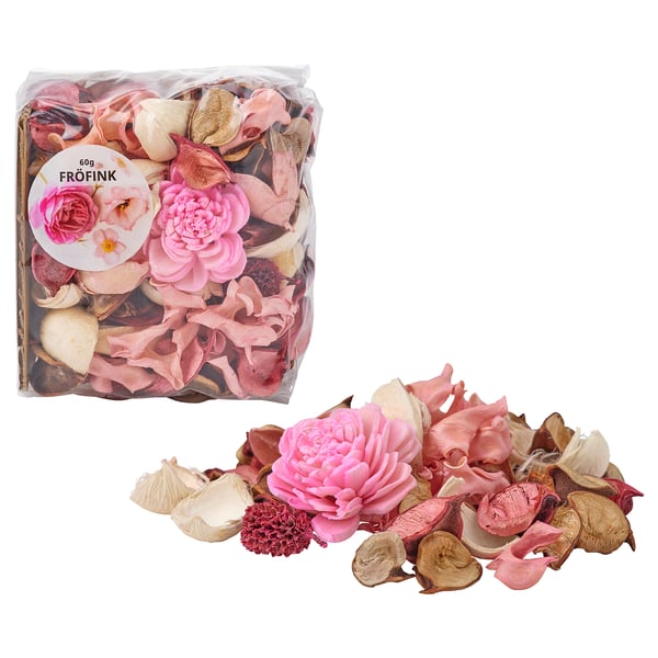 Rosa Trockenblumen in klarer Verpackung, einige draußen verstreut. Marke: FRÖFINK.