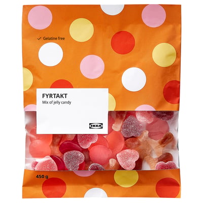 Tüte mit IKEA FYRTAKT Geleebonbons mit gemischten Formen und Farben, gelatinefrei gekennzeichnet und 450 g schwer.
