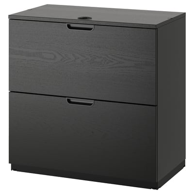 Ein GALANT dunkelgrauer Aktenschrank aus Holz mit zwei Schubladen und einem Zahlenschloss.
