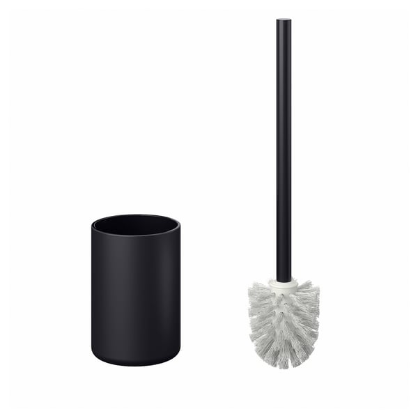 Schwarzer Toilettenbürstenhalter und Bürstenset. Moderner minimalistischer Stil. Die Bürste steht aufrecht in der Halterung.