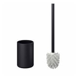 Schwarzer Toilettenbürstenhalter und Bürstenset. Moderner minimalistischer Stil. Die Bürste steht aufrecht in der Halterung.