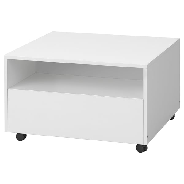 Weißer quadratischer Couchtisch mit Rädern. Offenes Regal. Modernes, minimalistisches Design.