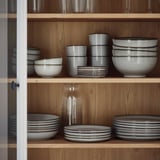 Graue Keramikschalen und Teller auf Holzregalen, geordnet nach Größe.