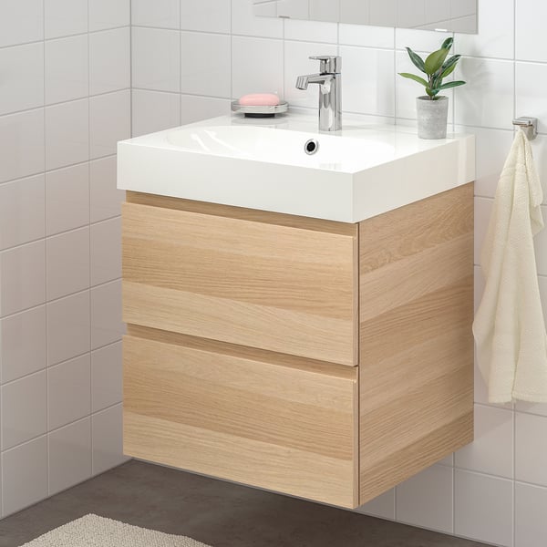 GODMORGON / BRÅVIKEN Waschbeckenschrank/2 Schubl. - Eicheneff wlas