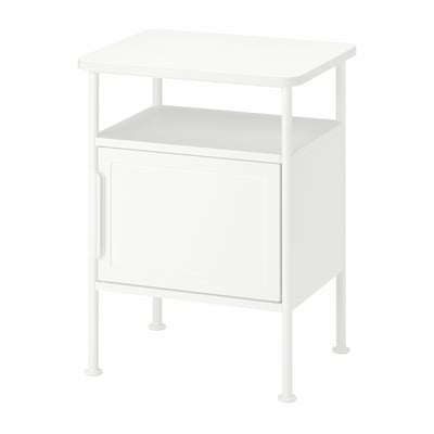 GRÅFJÄLLET weißer Nachttisch mit offenem Regal und Schrank, Metallbeinen, Industriedesign.