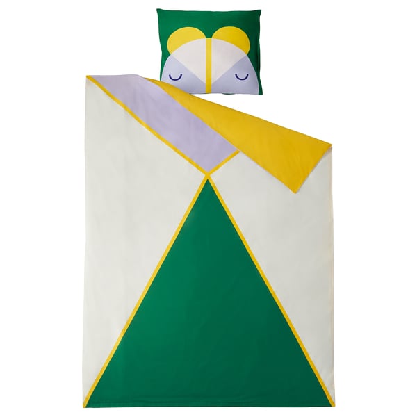 Buntes geometrisches Bettwäsche-Set mit Kissen, weißer Hintergrund