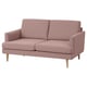 Ein GRILLSTORP Sofa. Es handelt sich um ein 2-Sitzer-Sofa aus rosafarbenem Stoff mit Holzbeinen, das auf Komfort und einfache Reinigung ausgelegt ist.