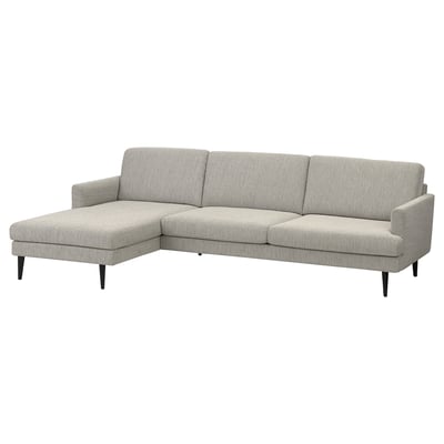 GRILLSTORP Sofa: hellgrauer L-förmiger, strukturierter Stoff, Holzbeine, gemütliche Sitzgelegenheiten.