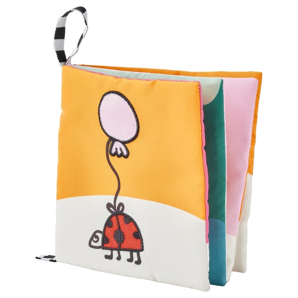 GRÖNFINK ausklappbares Playbook: gelb, weiß, bunte Aufnäher, Marienkäfer-Design, weicher Stoff, Babyspielzeug.