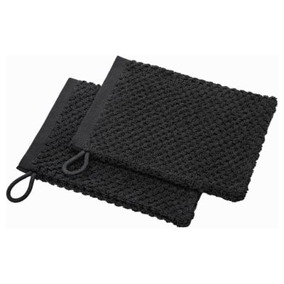 Schwarze GULVIAL Baumwoll-Waschhandschuhe, weiche Textur, Schlaufendesign zum Aufhängen.