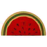 Bildbeschreibung: Die HALLSPÅR Fußmatte ist halbrund mit einem Wassermelonen-Design. Es hat eine grüne Schale und rotes Fruchtfleisch mit schwarzen Samen, hergestellt aus Kokosfasern.