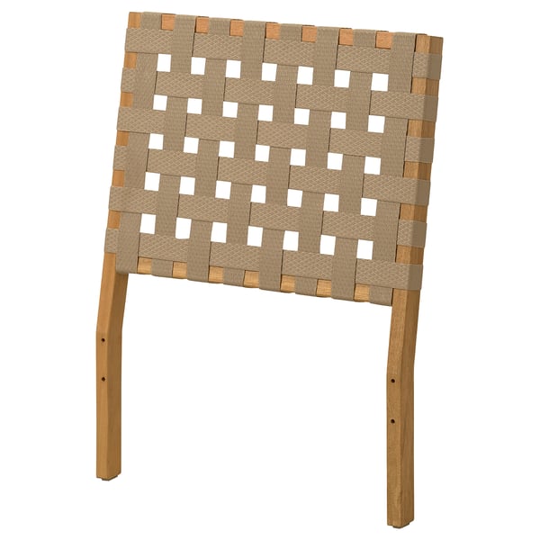 HATTHOLMEN Outdoor-Stuhl, beige geflochtene Gurte, Gestell aus Eukalyptusholz, rechteckige Rückenlehne mit quadratischen Ausschnitten.