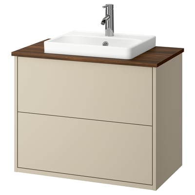 HAVBÄCK Waschtisch: beige, Holzplatte, Wandmontage, 2 Schubladen, Keramikspüle, modernes Design.