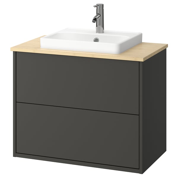 Moderner Badezimmerwaschtisch: HAVBÄCK in Dunkelgrau mit heller Holzplatte, rechteckigem Waschbecken, zwei Schubladen.