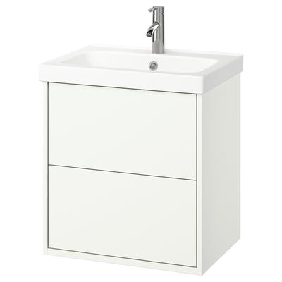 Weißer wandmontierter Badezimmerschrank mit Waschbecken und zwei Schubladen.