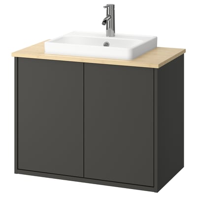 HAVBÄCK Spülenschrank: dunkelgrau mit heller Holzplatte, modernes Design, Wandhalterung, weißes Becken.