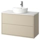 HAVBÄCK beiger Waschtisch für Badezimmer. Rundes weißes Waschbecken, Wandmontage. Modernes, minimalistisches Design.