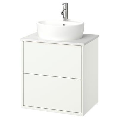 Ein weißes, modernes Badezimmer-Waschtisch-Set mit einem rechteckigen Schrank und einem runden Waschbecken. Es hat ein schlankes, minimalistisches Design.