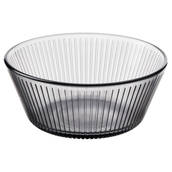 Schale aus rauchgrauem Glas, geripptes Design, rund, stapelbar, gehärtet für Langlebigkeit.
