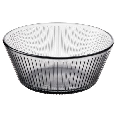 Schale aus rauchgrauem Glas, geripptes Design, rund, stapelbar, gehärtet für Langlebigkeit.