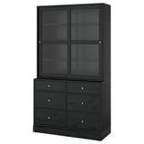 Schwarzer Holzschrank mit Glastüren und 6 Schubladen.