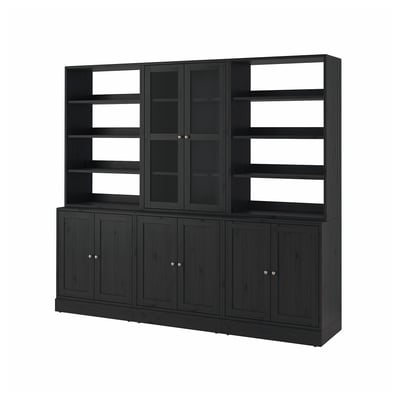 Schwarzer HAVSTA-Aufbewahrungsschrank mit Glastüren, Kiefernholz, rechteckige Form, klassisches Design.