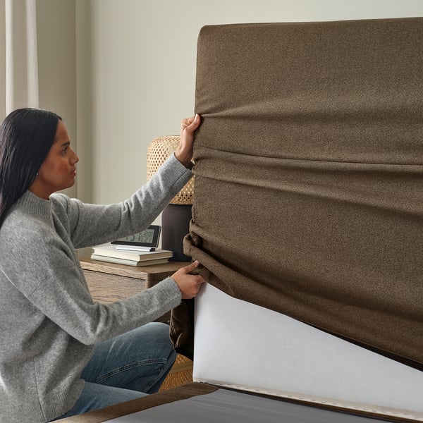 HEMFJÄLLET Boxspringbett mit Bettkasten, Valevåg mittelfest/Norrsele Tonerud dunkel graubraun, 180x200 cm