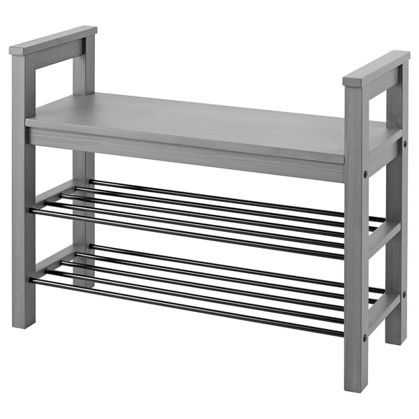 Graues HEMNES Schuhregal, flache Oberseite, drei Ebenen, Holz und Metall, rechteckige Ausführung.