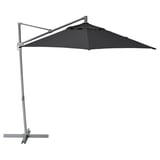 Grauer Freischwinger-Sonnenschirm, HISSÖ, Aluminiumstange und -fuß, grauer Stoff, verstellbare Neigung.