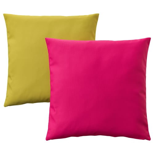 HJÄRTERÖ Kissen 2 St., gelbgrün leuchtend rosa/draußen/drinnen, 50x50 cm