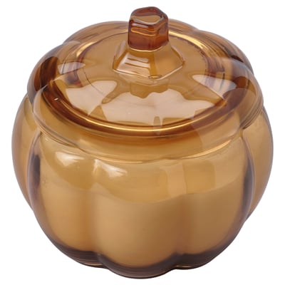 HÖSTAGILLE warme bernsteinfarbene Duftkerze aus kürbisförmigem Glas mit Deckel, perfekt für herbstliches Ambiente.