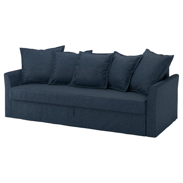 Blaues Sofa mit Kissen, modernes Design, verwandelt sich in ein Bett, dunkler Denim-Stoff, 3 Kissen.