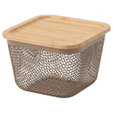 IKEA 365+, grauer Mesh-Lebensmittelkorb mit Holzdeckel, quadratische Form, luftdurchlässiges Design.