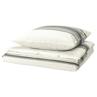 JÄTTEFRÄKEN Bettwäsche-Set, weiß mit grauen Streifen, klares Design, Baumwolle und Polyester.