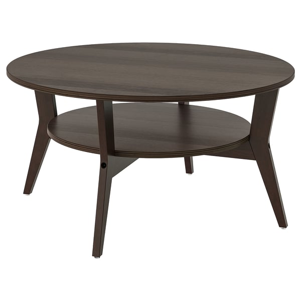 JAKOBSFORS Couchtisch, dunkelbraun, rund, Holz mit Furnier-Finish, schlankes Design, vier schräge Beine, unteres Ablageregal.