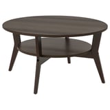 JAKOBSFORS Couchtisch, dunkelbraun, rund, Holz mit Furnier-Finish, schlankes Design, vier schräge Beine, unteres Ablageregal.
