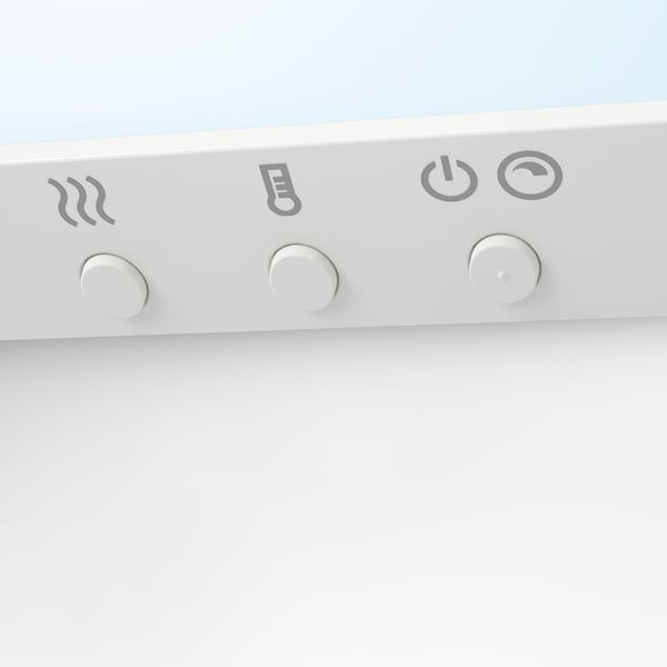 Weißes Bedienfeld mit 3 Tasten: Einstellungen, Strom, Timer. Schlank und benutzerfreundlich.