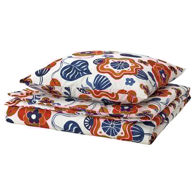 KANONVISKA Bettwäsche: orange, blau, Blumendruck auf weiß, weiche Baumwoll-Viskose; Inklusive Bettbezug und Kissenbezug.