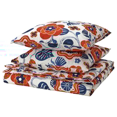 KANONVISKA Bettwäsche-Set: weiß mit rotem und blauem Blumendruck, weiche Baumwolle/Viskose, quadratische Kissen.