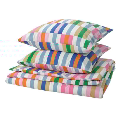 KLIBBKORSÖRT Bettwäsche-Set, bunte Streifen, Polyester-Viskose-Gemisch, rechteckig, ordentlich gefaltet.