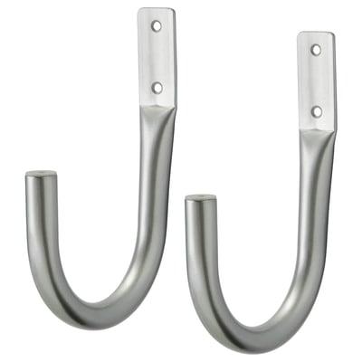 Zwei silberne KNÖLFLY Wandhaken aus Metall: schlankes, geschwungenes Design. Ideal zum Aufhängen von Gegenständen.