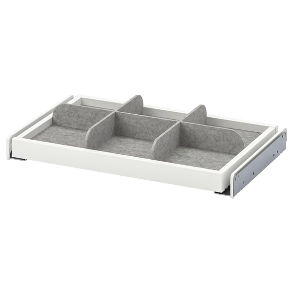 KOMPLEMENT weißes Ausziehtablett, graue Filzeinlagen, 3 Fächer, schlankes, modernes Design.